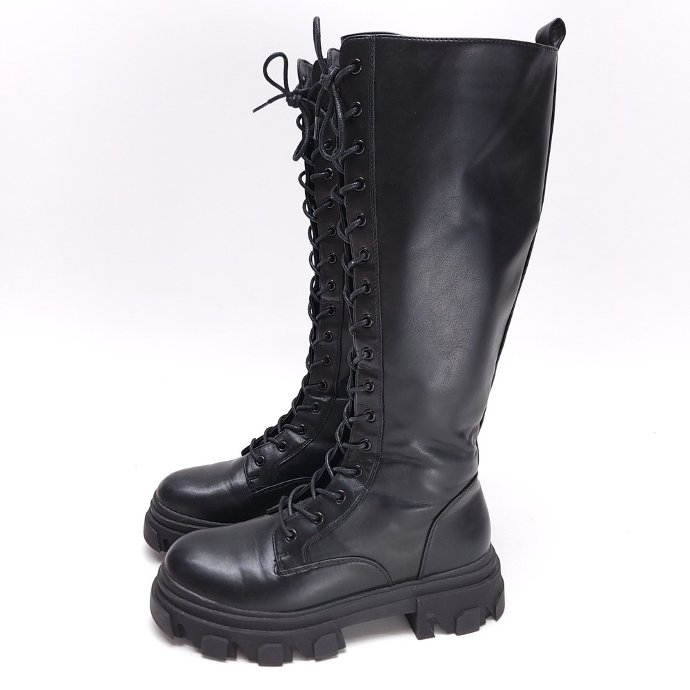 Dream Pairs Womens Black Knee High Combat Boots Lug Sole Lace Up SDKB221W Size 9